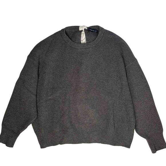 ZARA Knit Women’s Sweater Large Gray Ribbed Long Sleeve Back Tie Bow Pullover - Picture 1 of 8
